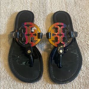 Tory Burch Navy Sandals with Multicolor Logo Accent